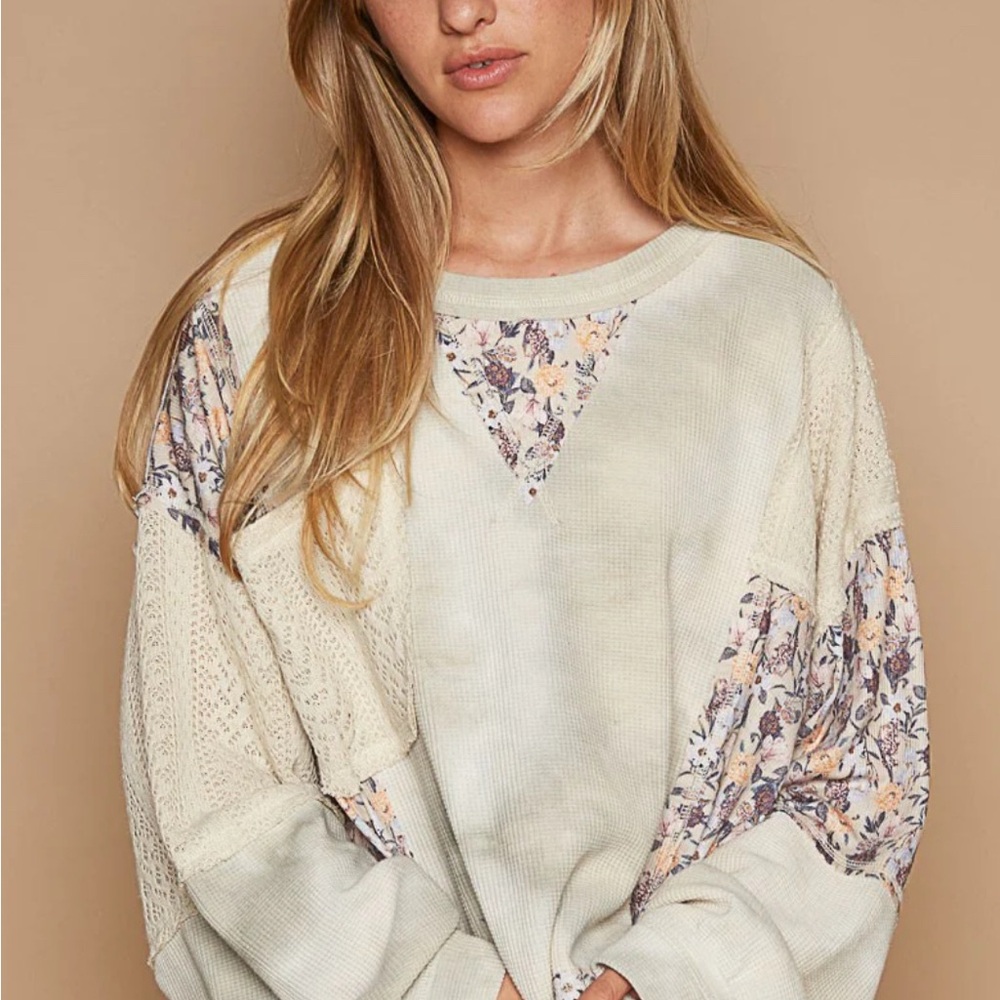 POL Floral Patchwork Long Sleeve Top - Cream and Pink - Picture 1 of 1